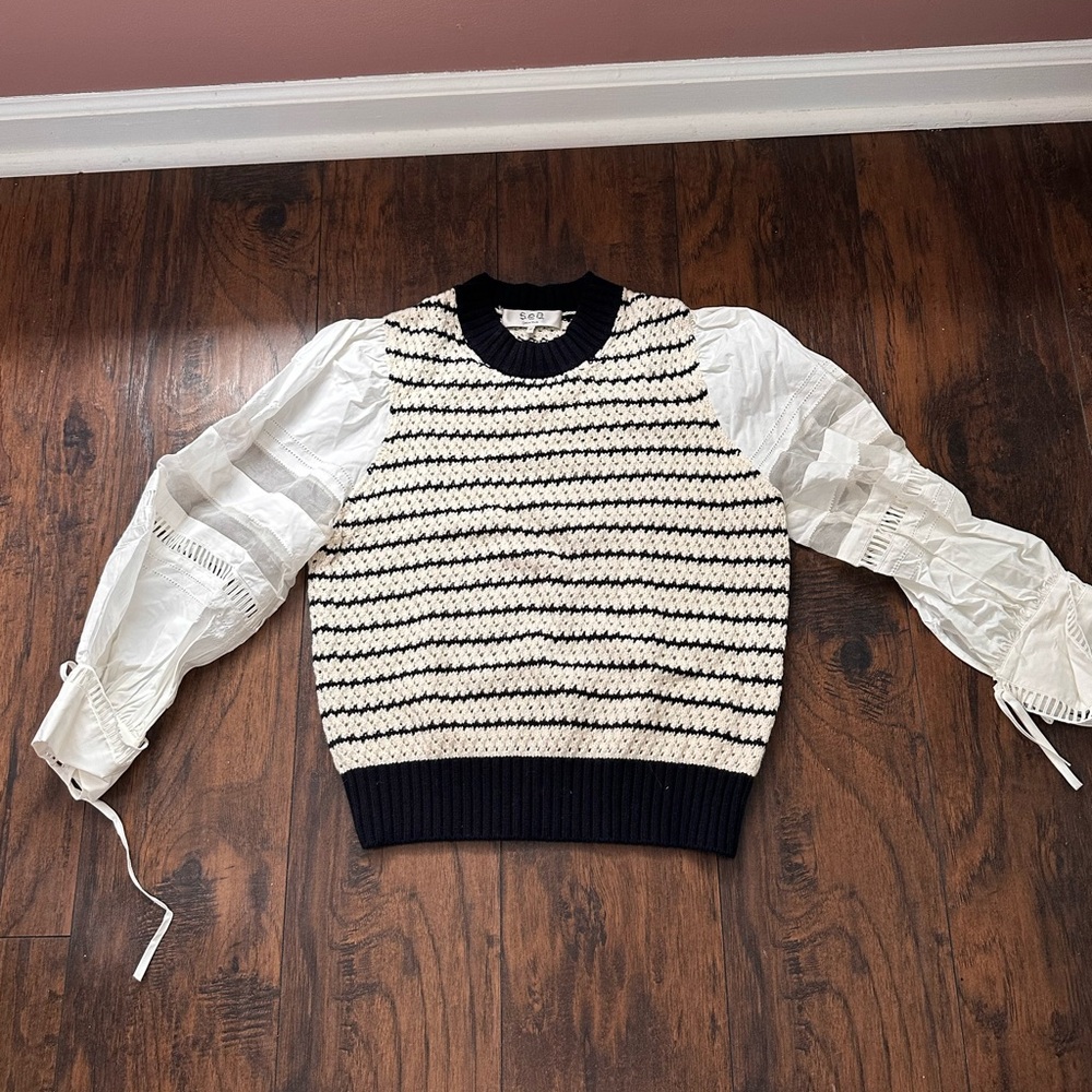 Sea New York Black and Cream Striped Sweater with Sheer Sleeves